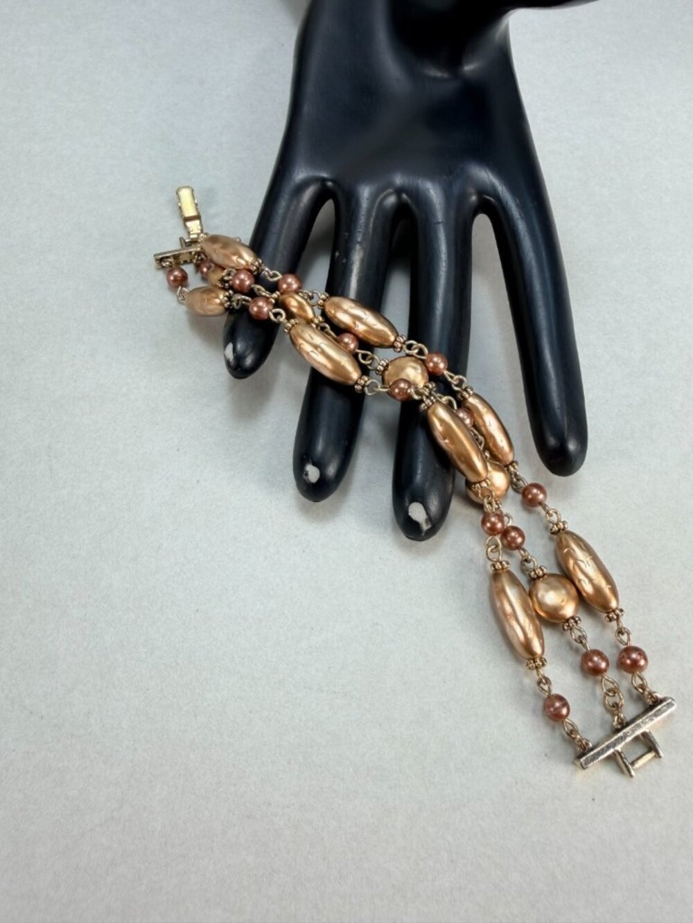 Vintage Mid-century 3 Strand Bracelet Beaded Gold Tones 6.5"